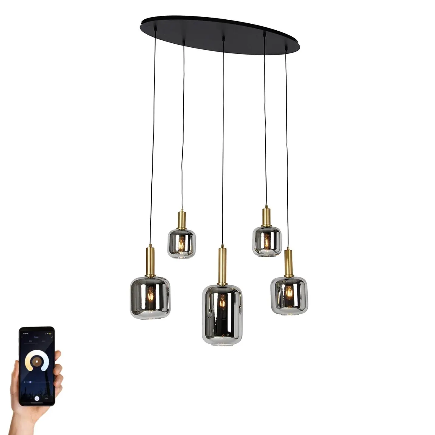 Slimme hanglamp zwart met goud en smoke glas ovaal 5-lichts incl. 5 Wifi A60 - Zuzanna
