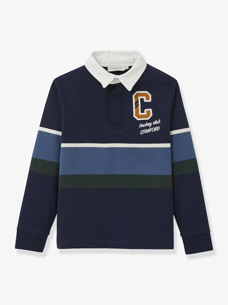 Polo-rugby rayé garçon coton biologique - bleu