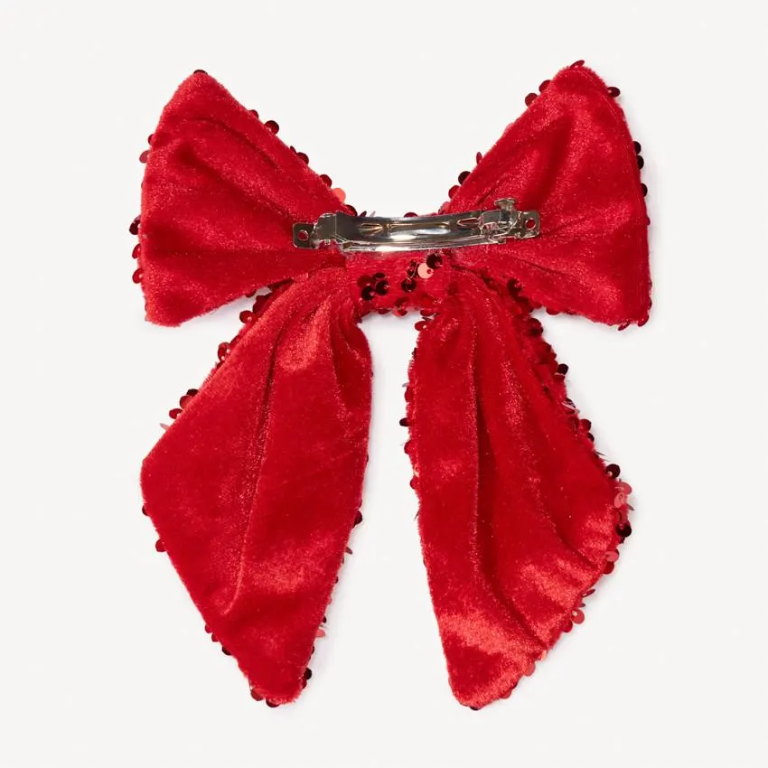 Barrette gros nœud en velours avec sequins pour fille