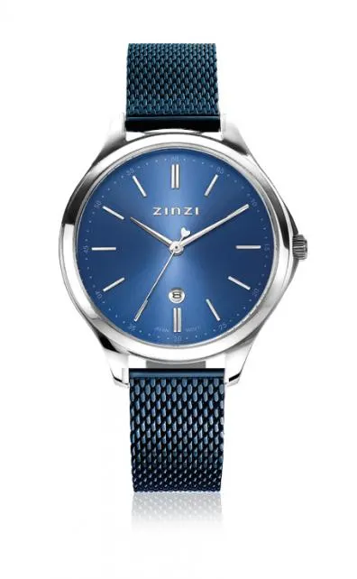 ZINZI Classy horloge 34mm blauwe wijzerplaat stalen kast en blauwe mesh band datum ZIW1042BM