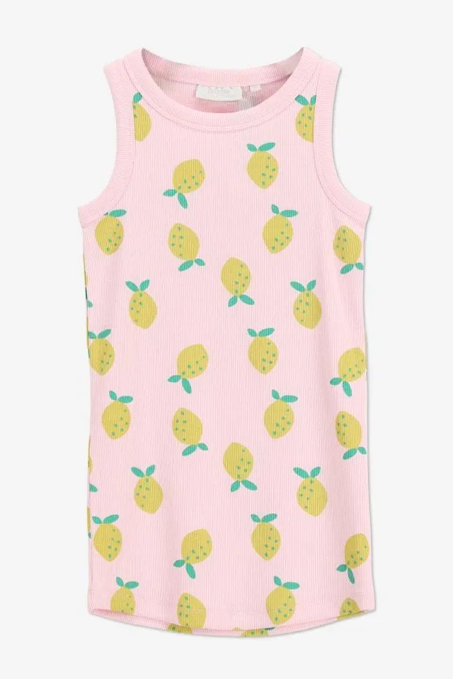 Lichtroze fijn geribde jurk met citroentjes