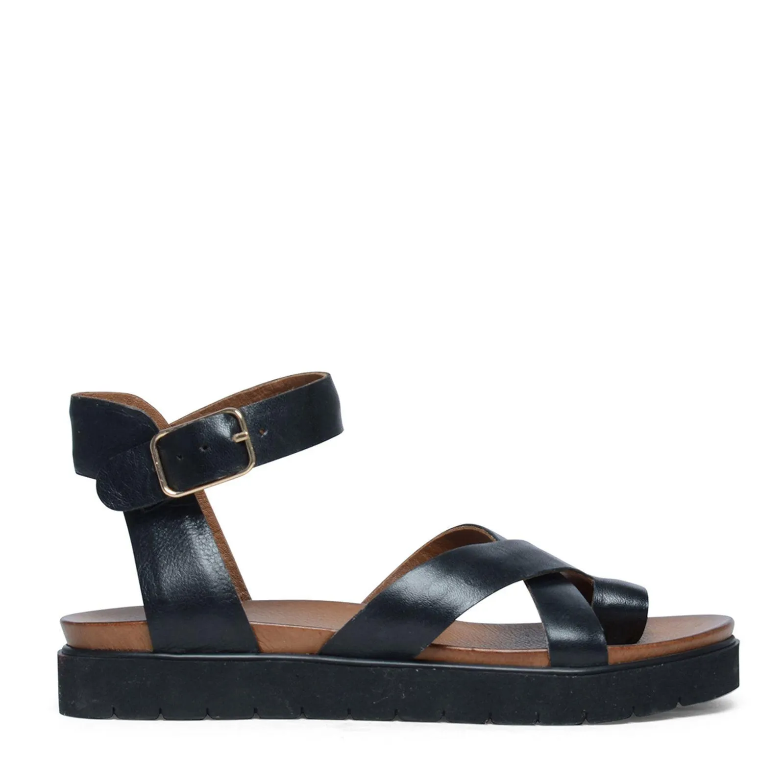 Manfield Leren plateau sandalen met gespsluiting zwart