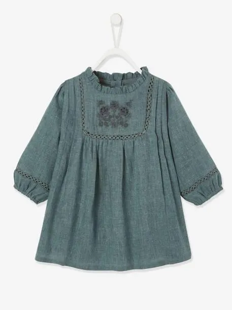 Robe avec plastron brodé bébé - vert grisé