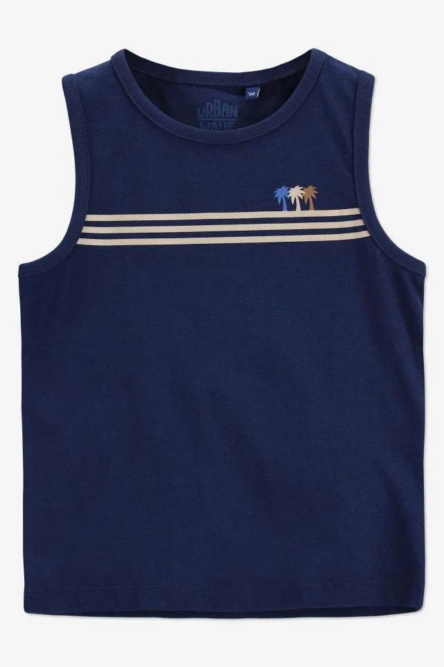 Donkerblauwe tanktop met 3 strepen en palmbomen
