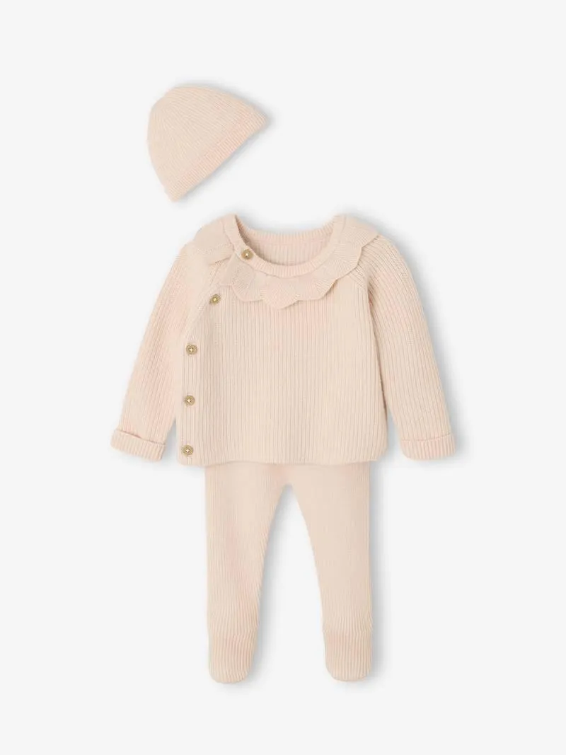 Ensemble naissance 3 pièces en tricot gilet + pantalon + bonnet - rose