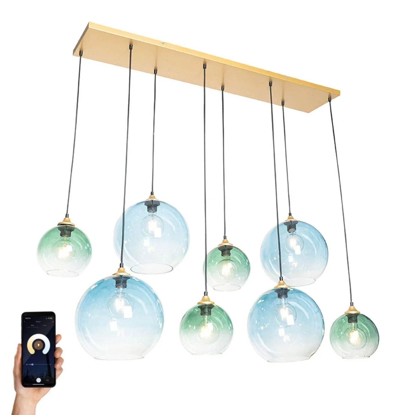 Slimme hanglamp messing met blauw en groen glas 8-lichts incl. 8 Wifi G95 - Sandra