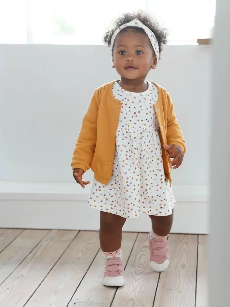 Ensemble bébé fille 3 pièces robe cardigan bandeau - ivoire imprimé