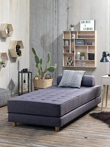 Ligbed VARBJERG donkergrijze stof/eiken kleur