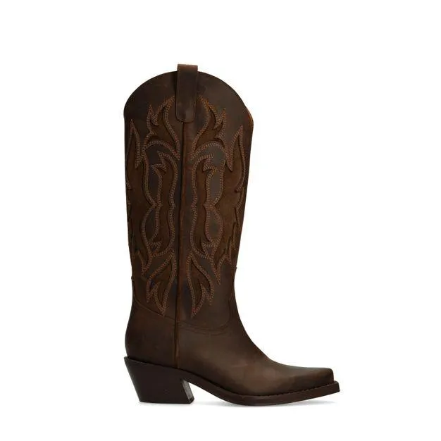 Bruine leren cowboylaarzen met sierstiksels