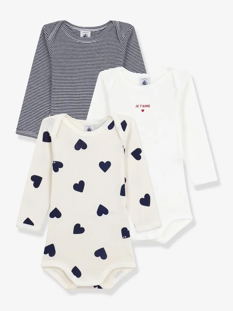 Lot de 3 bodies mixtes manches longues coeurs bébé - écru