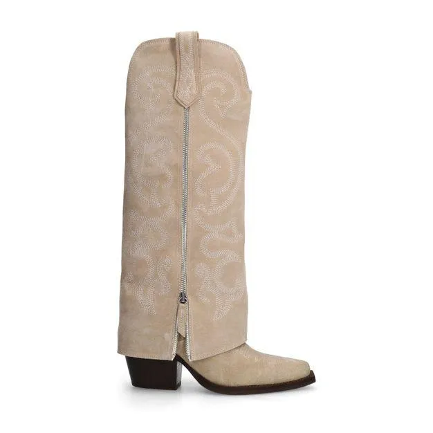 Beige suède cowboylaarzen met witte sierstiksels