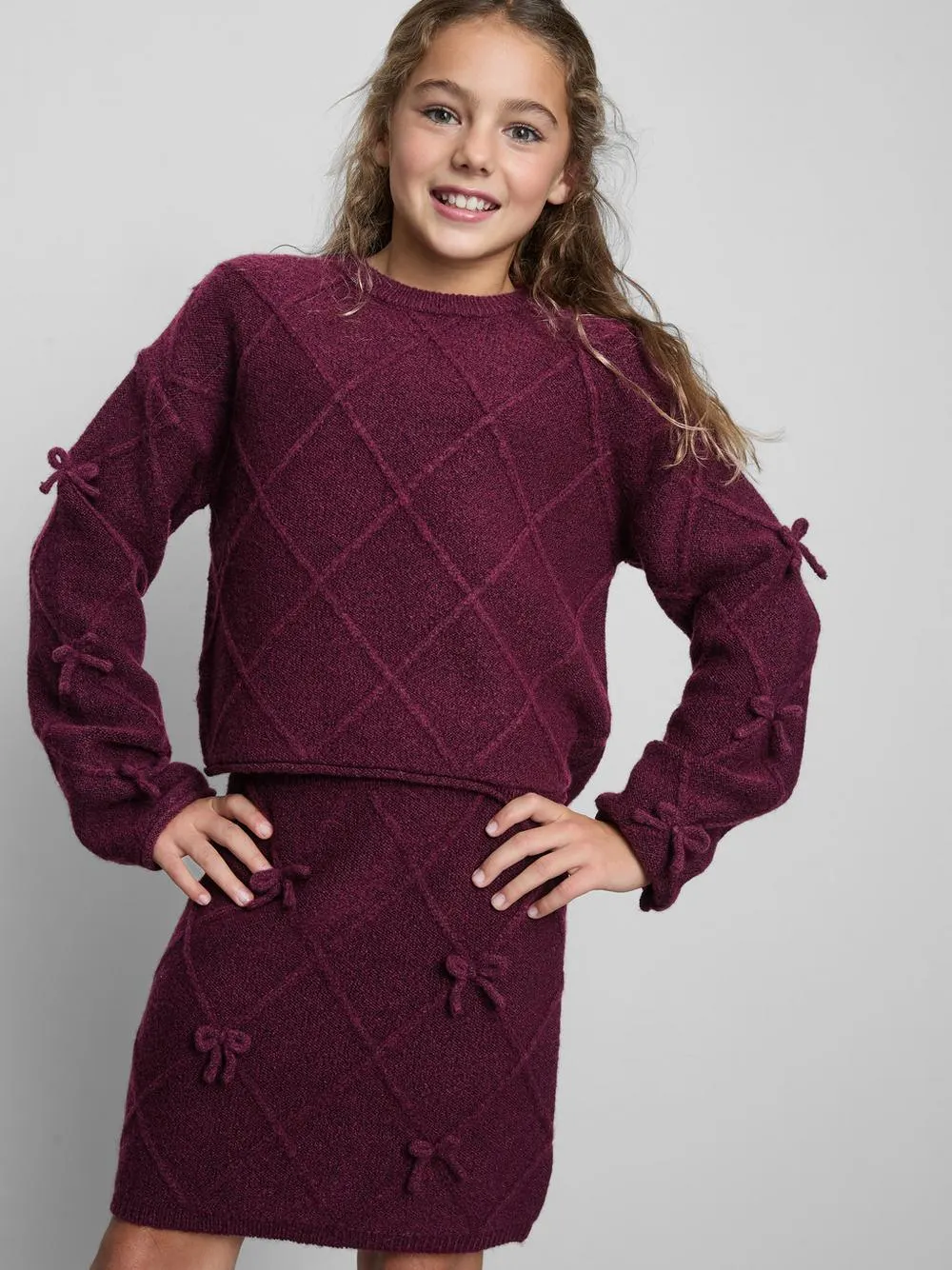 7-15 ans | Ensemble pull à nœud et jupe en maille