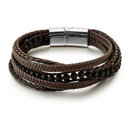 Armband in edelstaal, leder en lava natuursteen