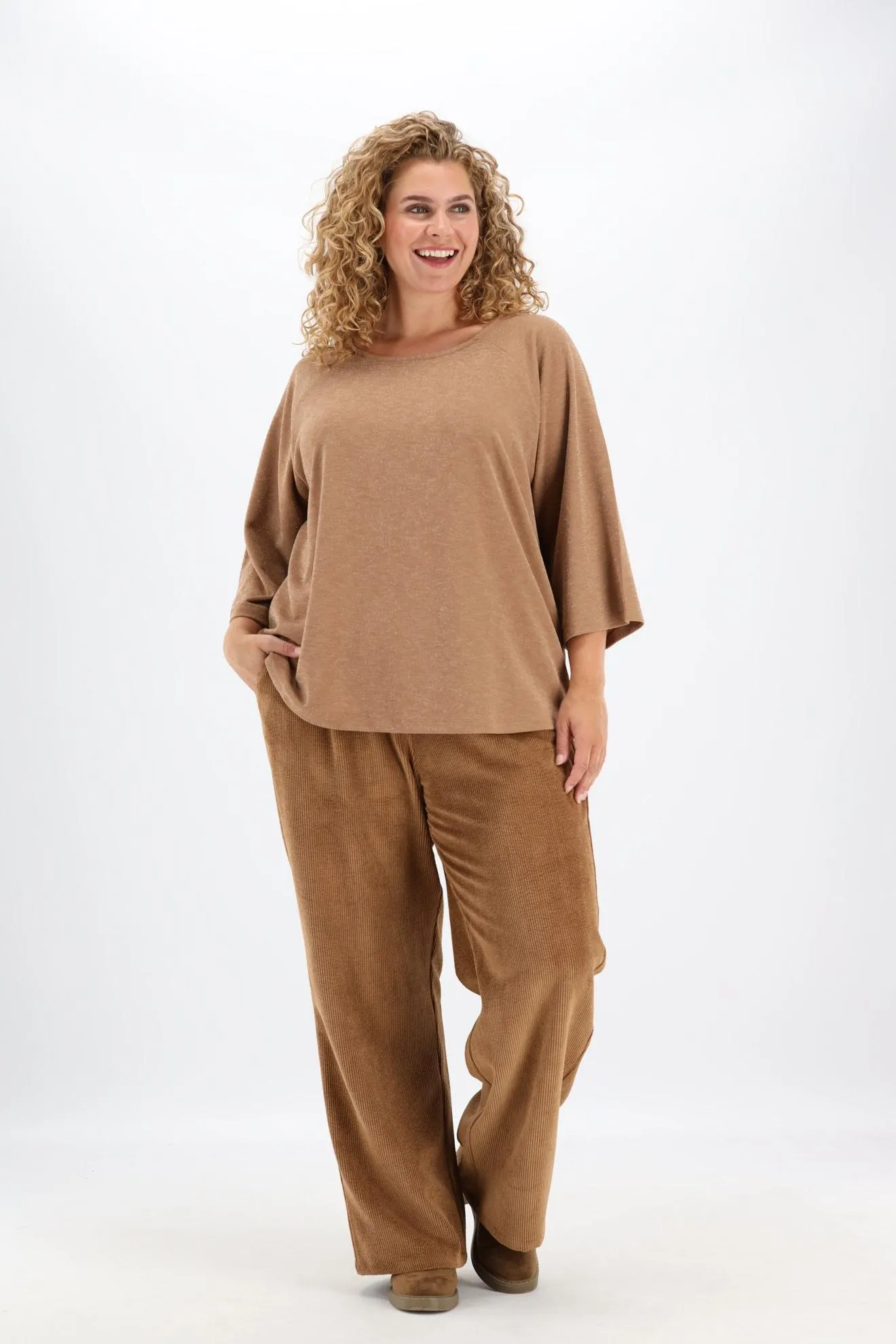 Bruin T-shirt met zilver lurex en 3/4 mouwen