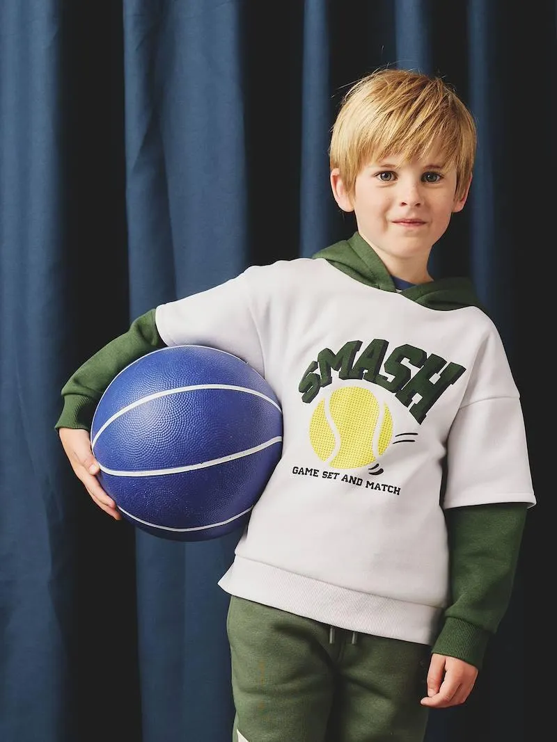 Sweat garçon sport doubles manches motif ballon en relief - vert sapin