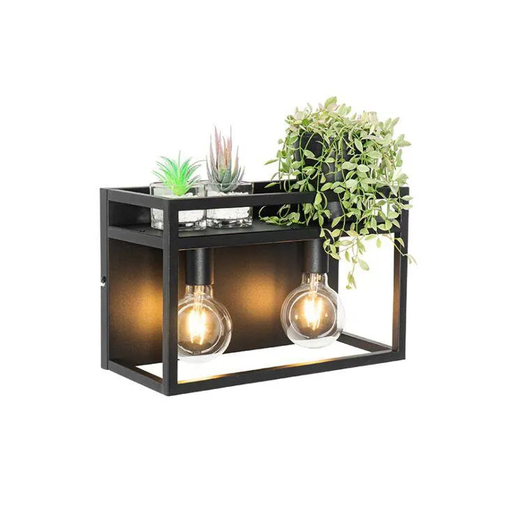 Industriële wandlamp zwart met rek 2-lichts - Cage Rack