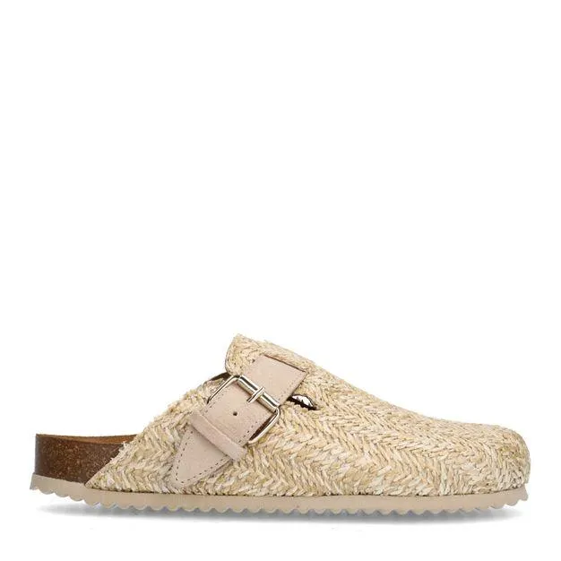 Beige raffia clogs met gesp
