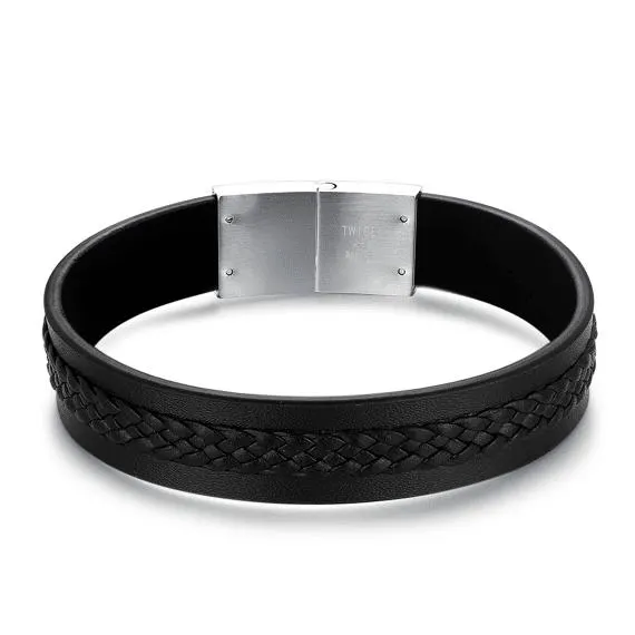 Armband in edelstaal, gevlochten leren band