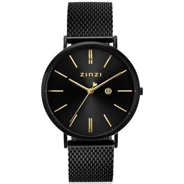 ZINZI Retro horloge 38mm zwarte wijzerplaat, goudkleurige wijzers, zwarte stalen kast, zwarte stalen mesh band extra dun ZIW449M