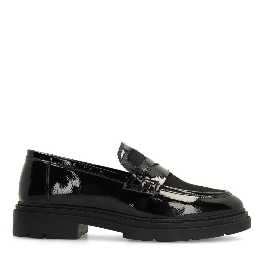 Zwarte lakleren loafers met ponyhair