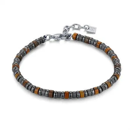 Armband in edelstaal, ringetjes in hematiet grijs en bruin