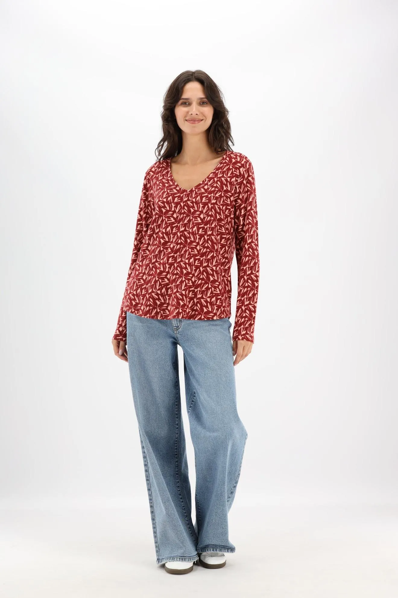 Bordeaux/roze T-shirt lange mouw met V-hals