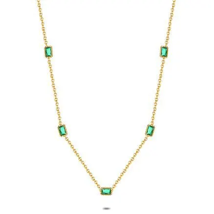 Halsketting in goudkleurig edelstaal, 5 groene kristallen