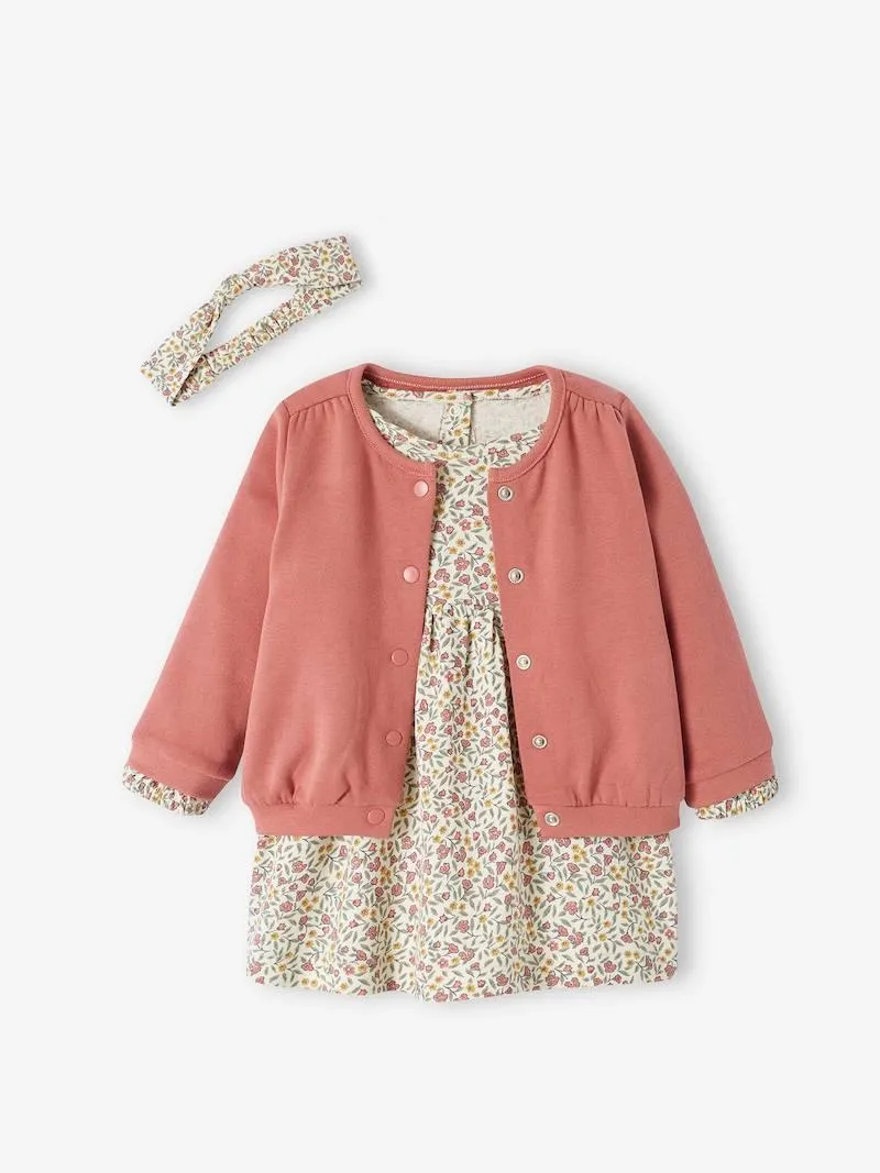 Ensemble bébé fille 3 pièces robe cardigan bandeau - vieux rose
