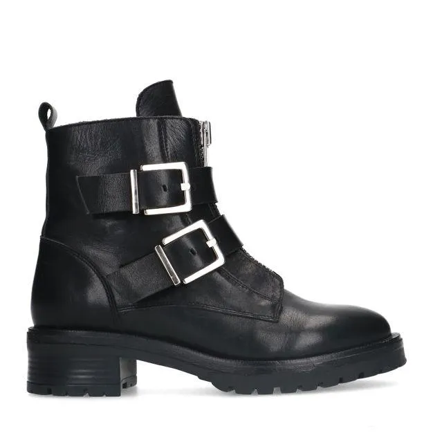 Zwarte leren biker boots met zilverkleurige gespen