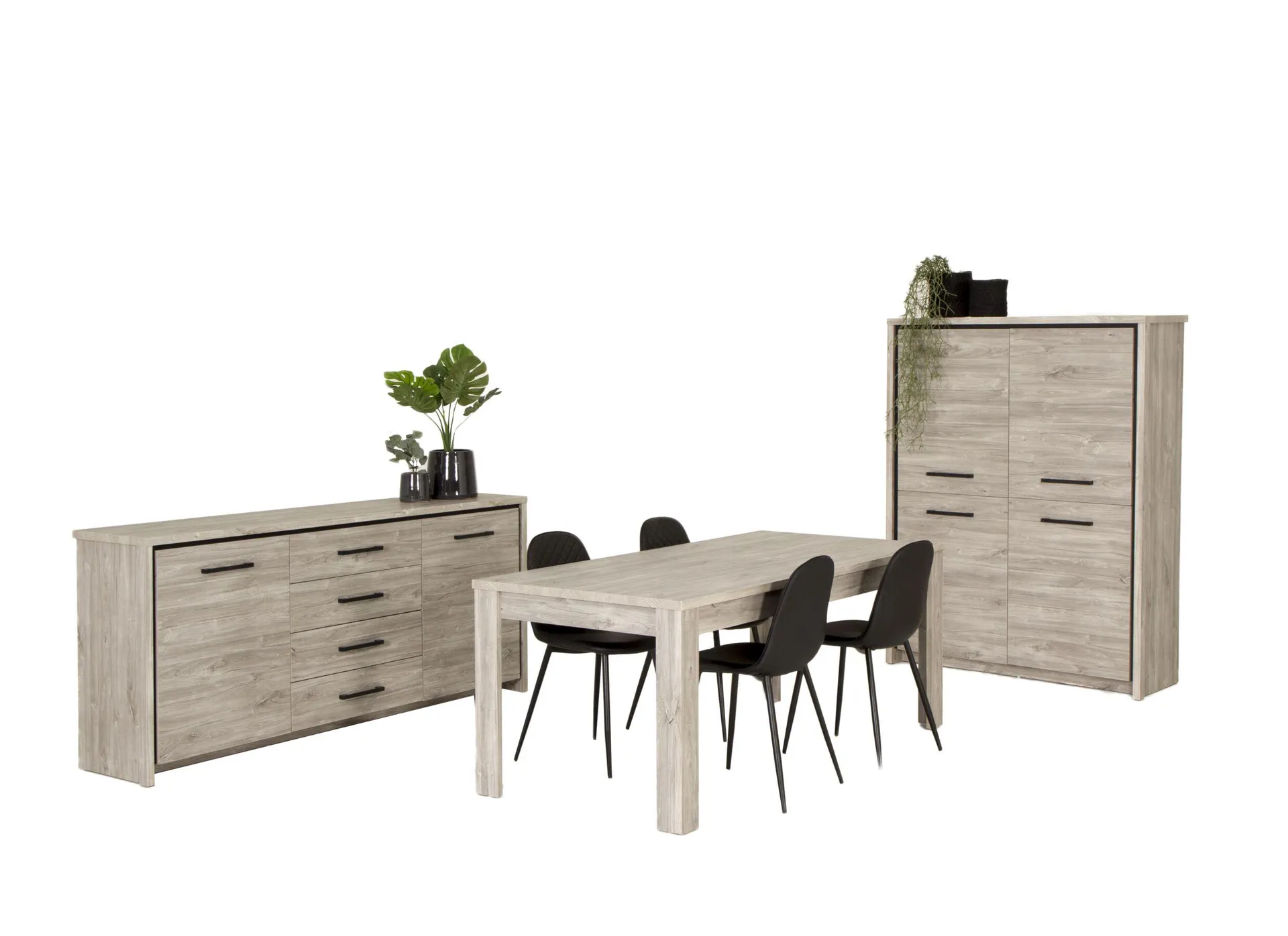 Eetkamer Elias met 4 stoelen Chuck - tafel 190x90cm - dressoir 201cm - barkast 120cm