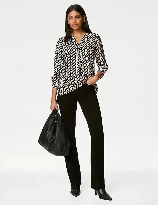 Printed V-Neck Popover Blouse