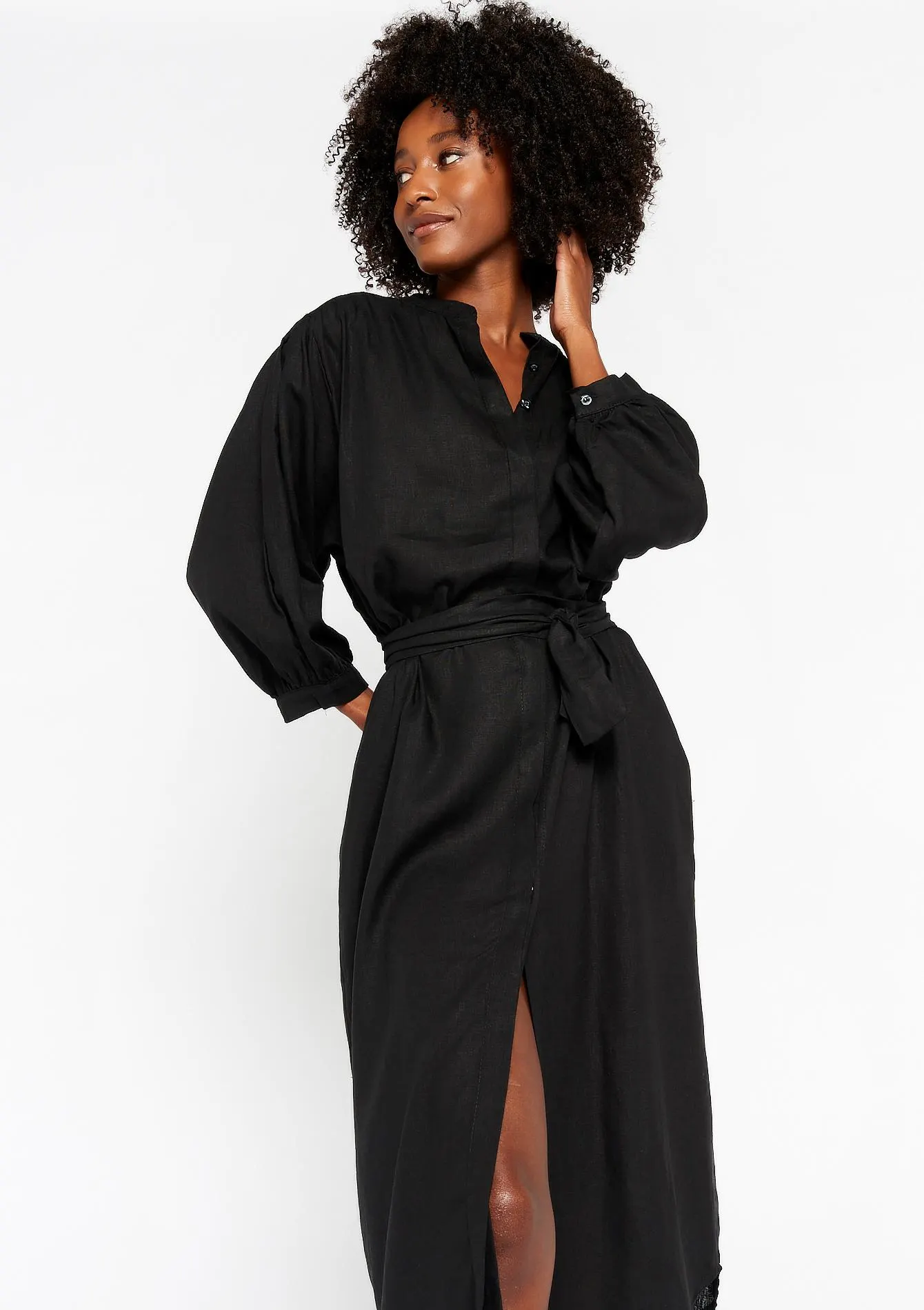 Linen dress with balloon sleeves