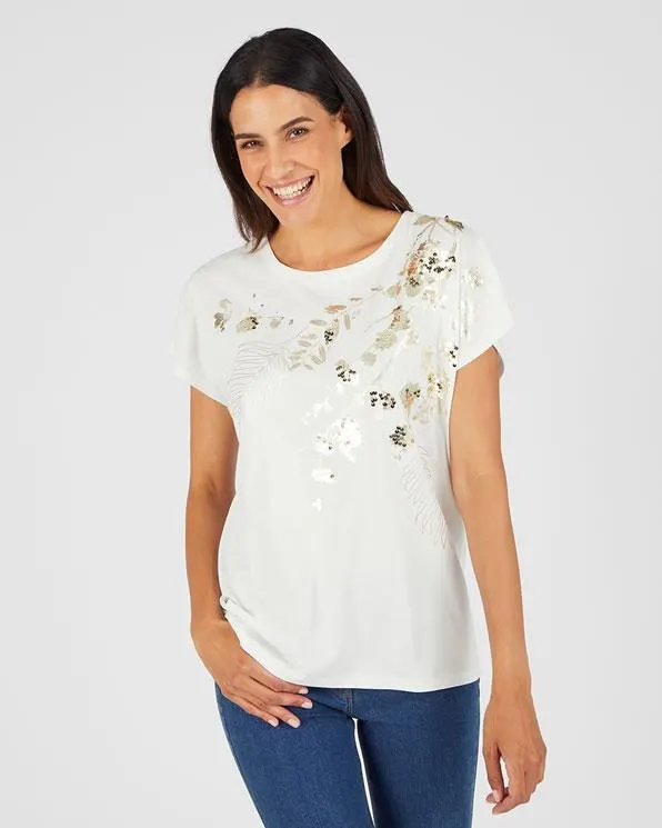 T-shirt met pailletten en plantenmotief