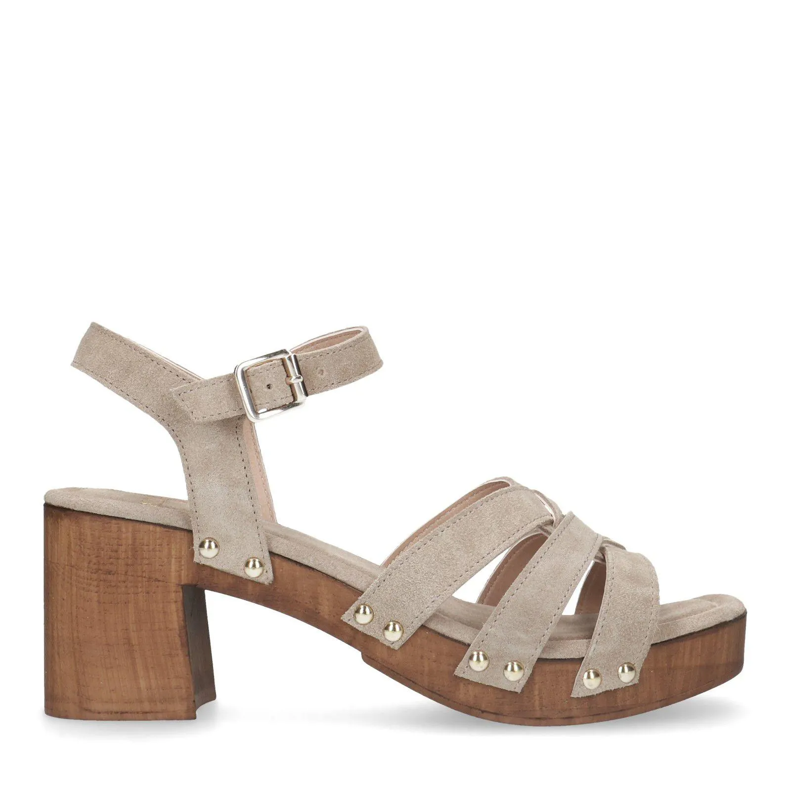 Manfield Taupe suède sandalen met blokhak