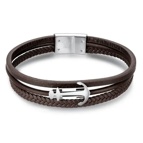 Armband in edelstaal, gevlochten leer met anker