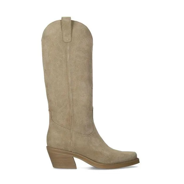 Beige suède cowboylaarzen met stiksels