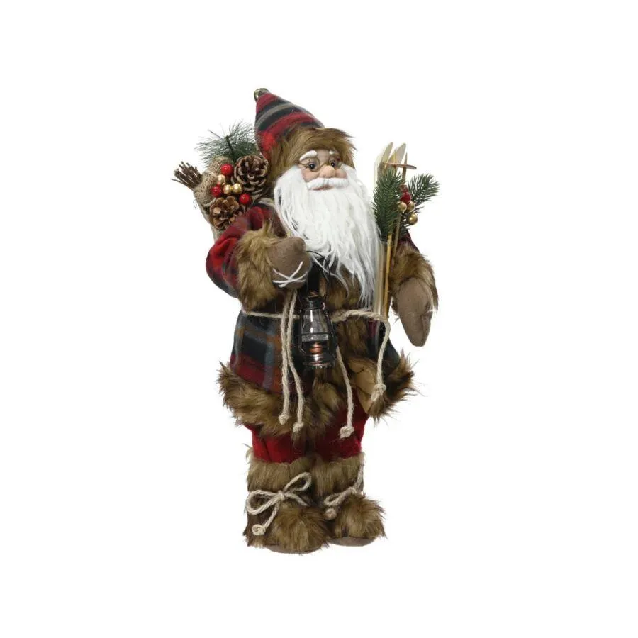 Decoris polyester kerstman met lantaarn 30 cm kerstrood