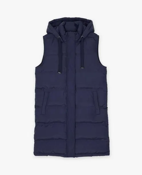 Lange donkerblauwe bodywarmer