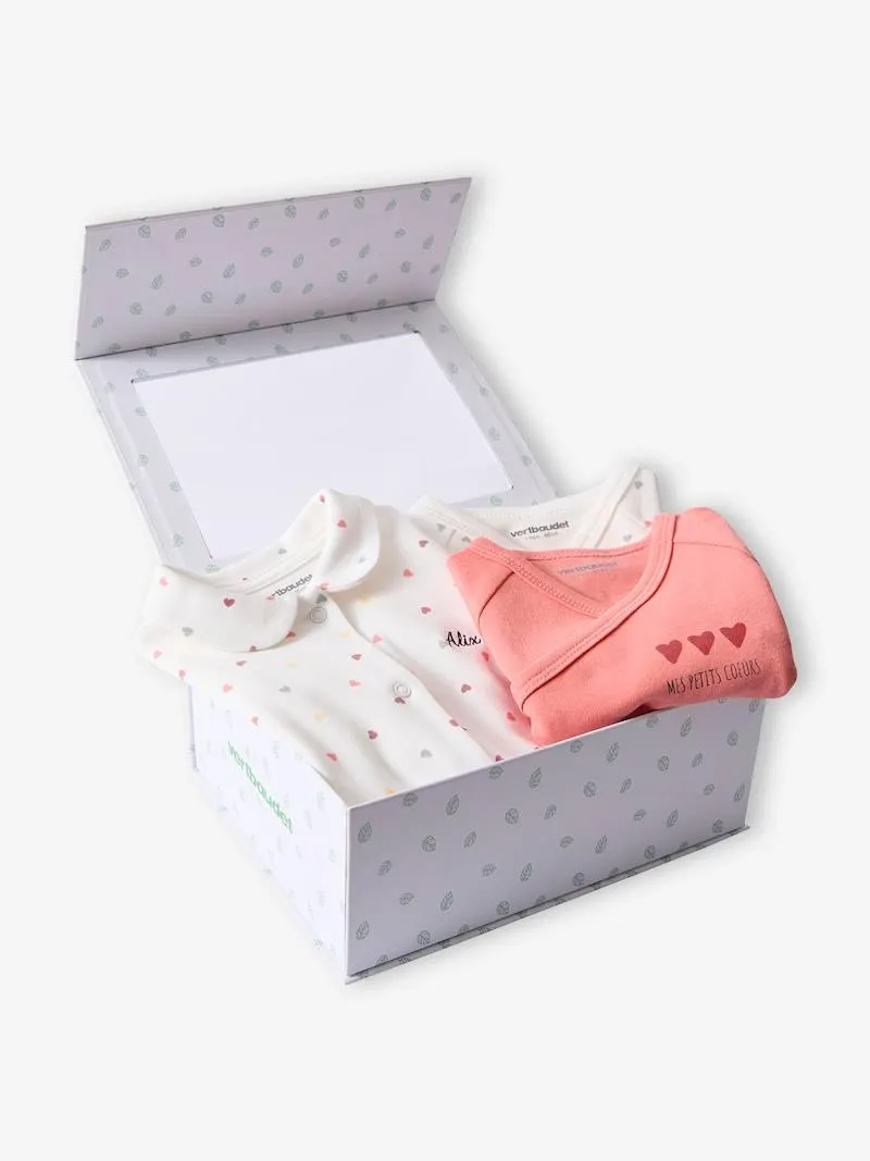 Coffret naissance 1 pyjama + 2 bodies petits coeurs personnalisables - rose bonbon