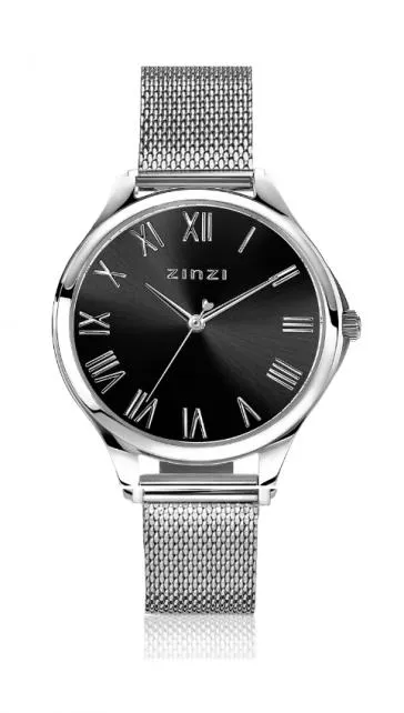 ZINZI horloge JULIA 34mm zwarte wijzerplaat romeinse cijfers stalen kast en meshband ZIW1101M