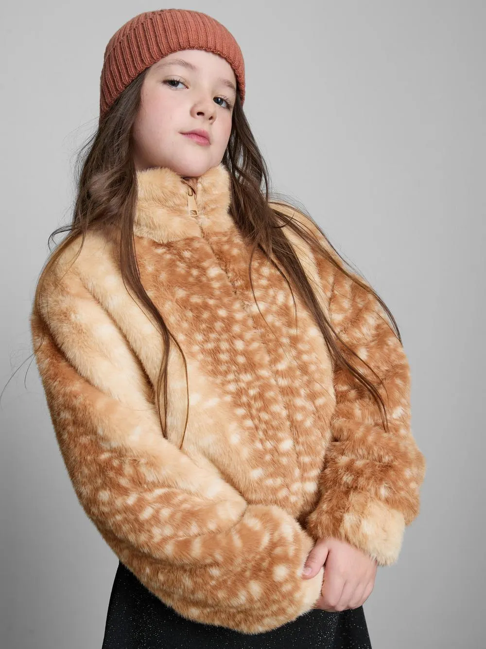 7-15 ans | Veste en fausse fourrure à col cheminée et imprimé animalier
