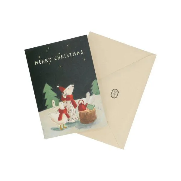 Kerstkaart met envelop, hondje en gans