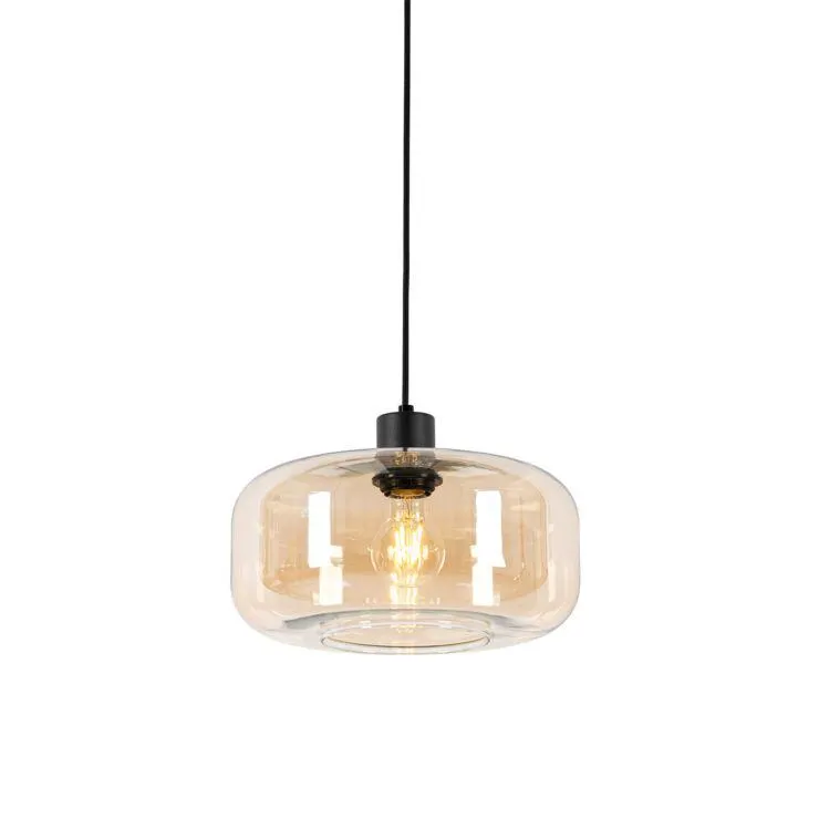Art deco hanglamp zwart met amber glas - Bizle