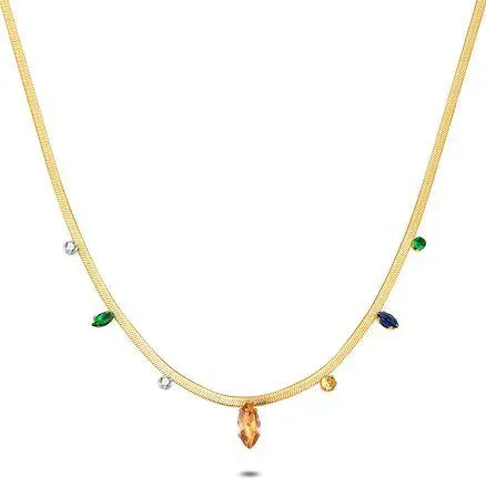 Halsketting in goudkleurig edelstaal, zirkonia in verschillende kleuren