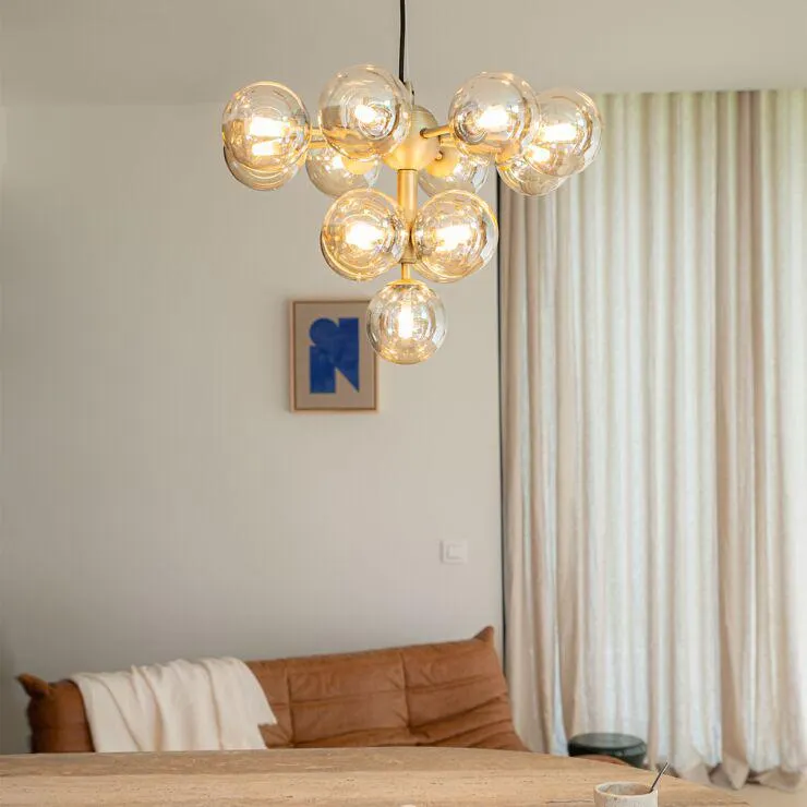 Hanglamp brons met amber glas 13-lichts - Bianca