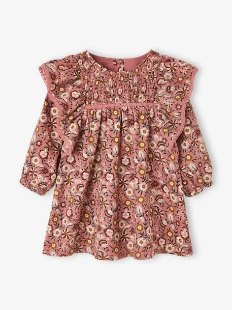 Robe fleurie bébé à smocks - bois de rose imprimé