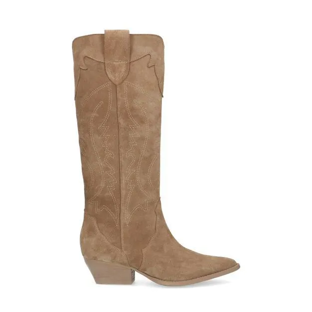 Beige suède cowboylaarzen met sierstiksels