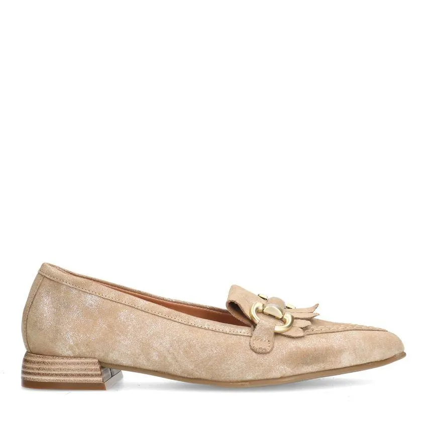Beige suède loafers met glitter