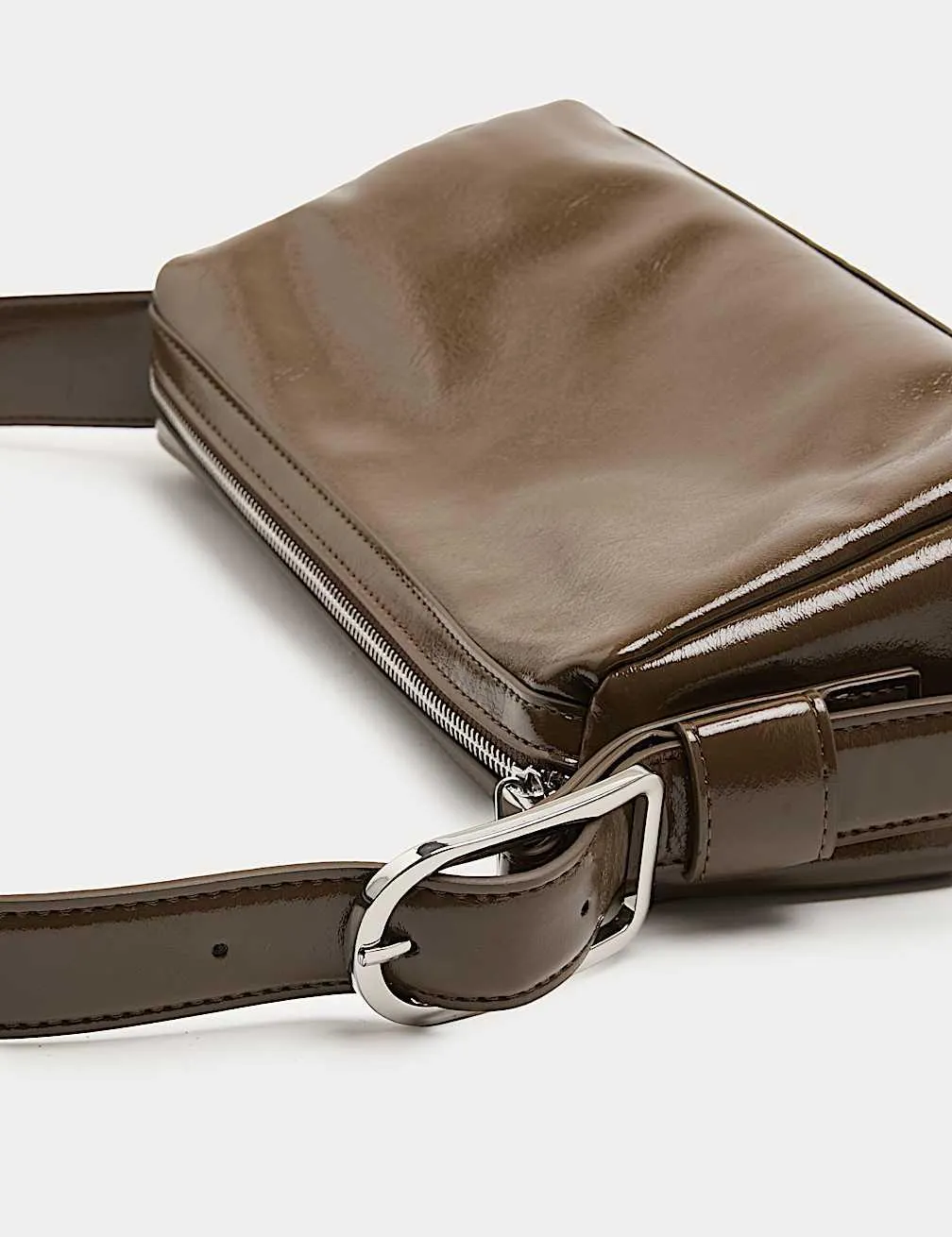 Faux Leather Patent Finish Buckle Shoulder Bag