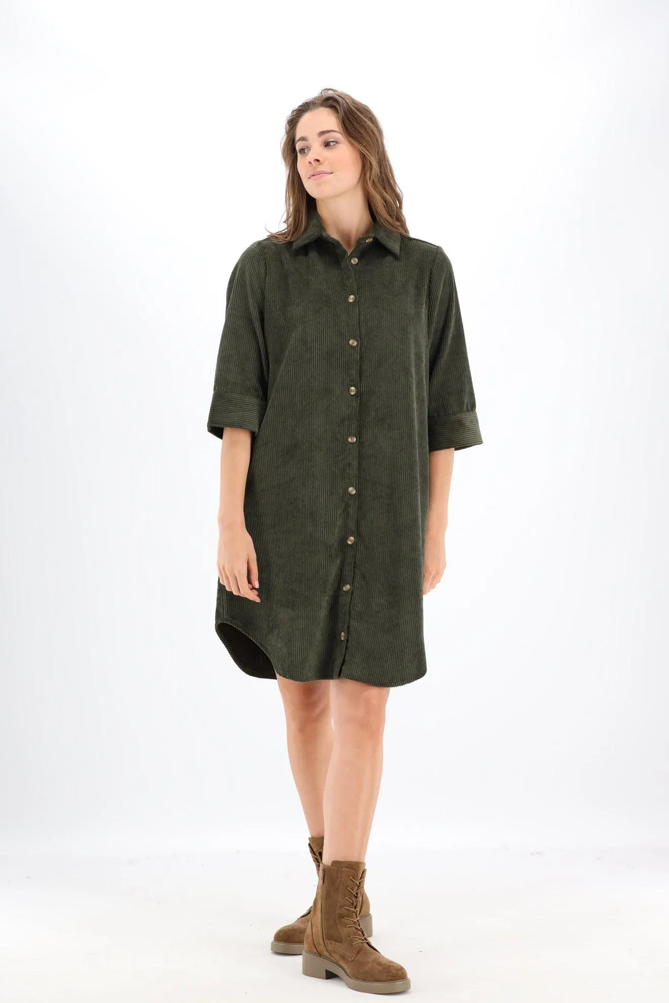 Donkerkaki corduroy jurk op knie